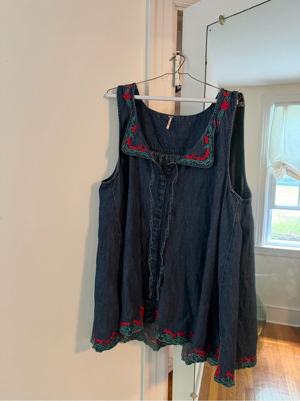 Anthropologie Dark Denim Sleeveless Tunic Dress with Red & Green Embroidery
